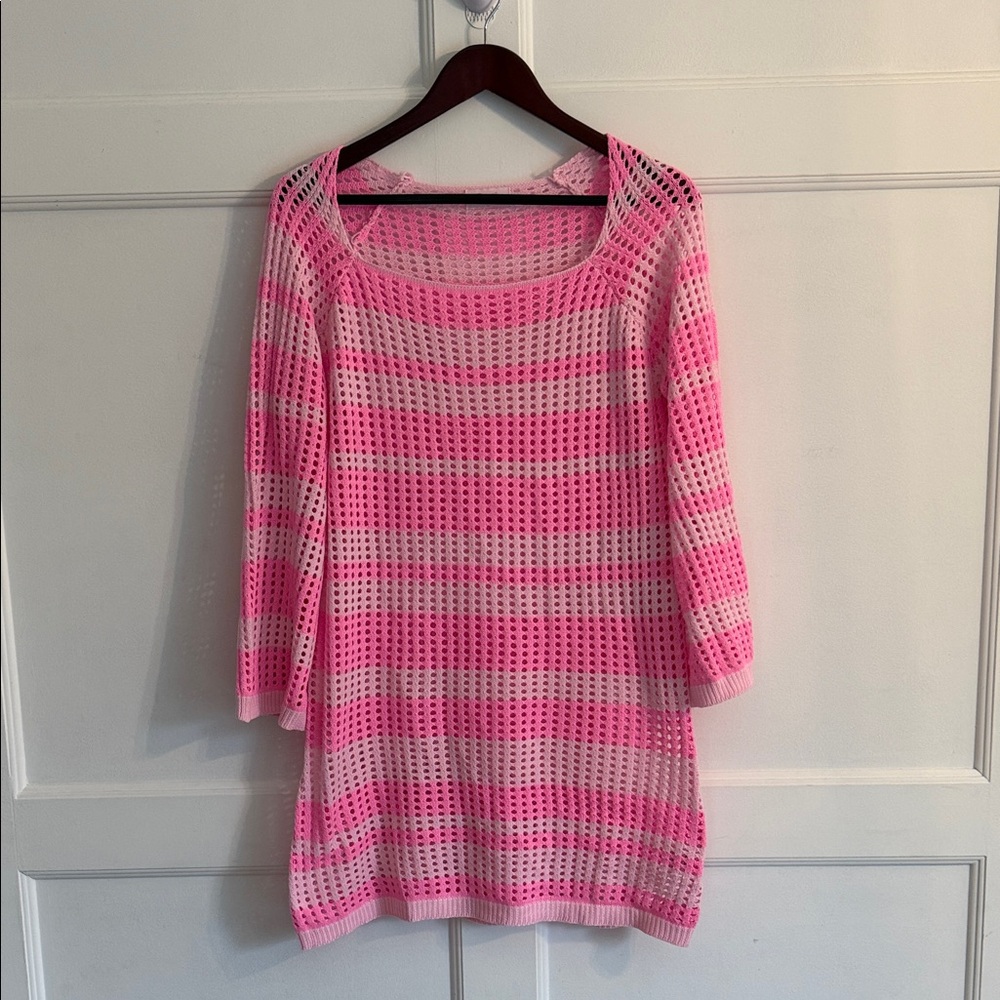Pink Lily Vibrant Pink and White Knit Swim Coverup